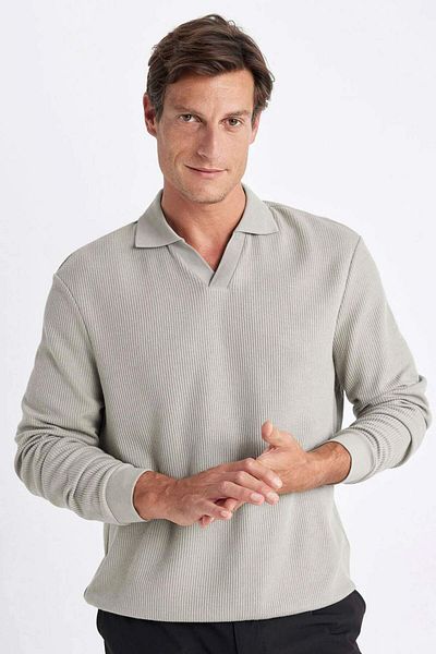 DeFacto Tricotaj jacquard cu guler polo, kaki deschis, cu croiala normală, A9785AX24AU