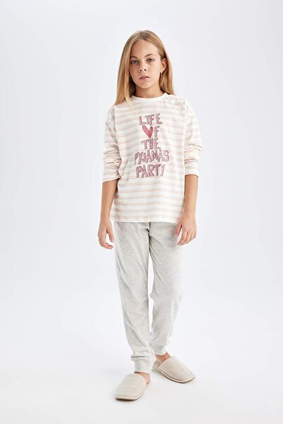 DeFacto Kız Çocuk Pijama Takım Baskılı Uzun Kollu Üst Beli Lastikli Uzun Alt D3740A824AU