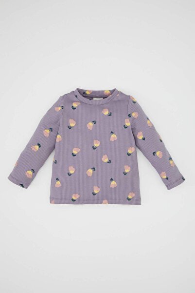DeFacto Ribbed Camisole Baby Girl T-Shirt - Crew Neck, Floral, Long Sleeve D3...