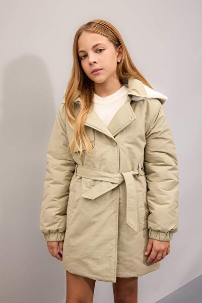 DeFacto Girls' Water Repellent Hooded Snap Fastener Waist Belt Faux Fur Lined Long Raincoat C5230A824Au