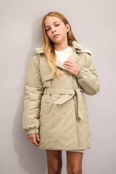 DeFacto Girls' Water Repellent Hooded Snap Fastener Waist Belt Faux Fur Lined Long Raincoat C5230A824Au
