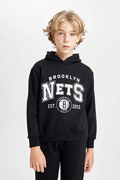 DeFacto Erkek Çocuk Siyah NBA Brooklyn Nets Kapüşonlu Sweatshirt D3125A824AU