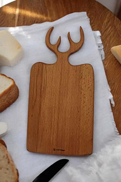ack ahşap Deer Horn Design-Wooden 2-Piece Presentation Cutting Board-Natural Wood Premium