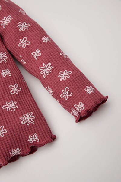 DeFacto Rózsaszín virágmintás gofri kislány póló - hosszú ujjú, nyakú, fodros D5400a5ns