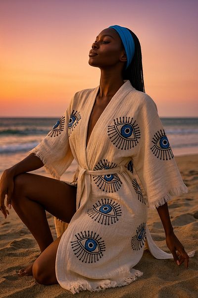 LaraLisa Collection 4 Layers Natural Muslin Cotton Fabric Chemical Treatment Unprocessed Hand Printed Kaftan Kimono Peshtemal Bathrobe