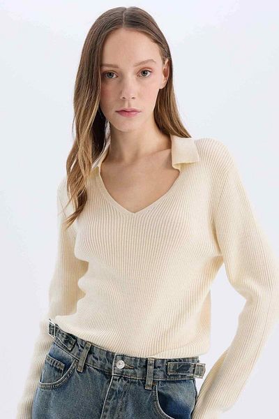 DeFacto Coool Slim Fit Slim Fit Polo Collar Crop Knitwear Sweater X4929Az24Au