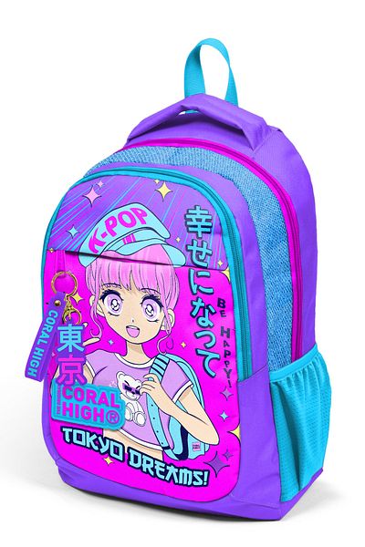 Coral High Rucsac școlar cu trei compartimente pentru copii, violet, roz, albastru, cu sclipici, cu model K-Pop 14403
