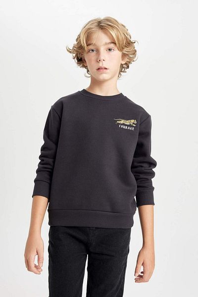 DeFacto Boy's Printed Crew Neck Printed Thick Black Sweatshirt D3091A824Au