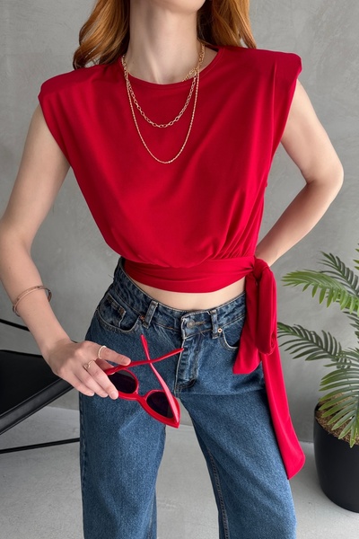 Fav Style Kadın Bisiklet Yaka Vatkalı Kolsuz Bağlama Detaylı Crop Bluz Kırmızı
