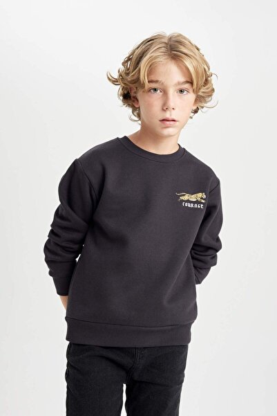 DeFacto Erkek Çocuk Baskılı Bisiklet Yaka Baskılı Siyah Sweatshirt D3091A824AU