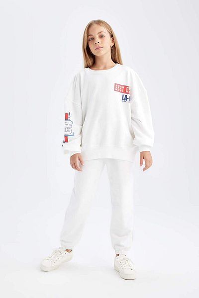 DeFacto Set de 2 piese pentru fete, hanorac imprimat cu decolteu, pantaloni de sport pentru jogger D0726A824AU
