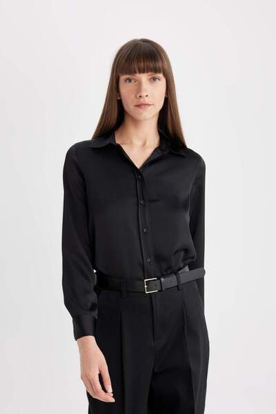 DeFacto Regular Fit Basic Plain Button Poplin Černá košile s dlouhým rukávem D3147AX24AU