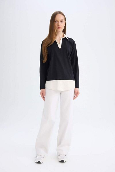 DeFacto Reguläre Passform Hemdkragen Saumdetails Langarm Schwarz Sweatshirt Tunika D0390AX24AU