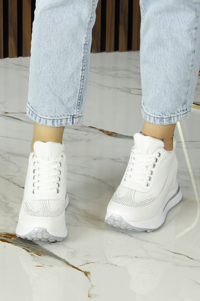 Erkan Saçmacı Tatyana Plus White Patent Leather Stone Laced Hidden Wedge Heeled Casual Shoes