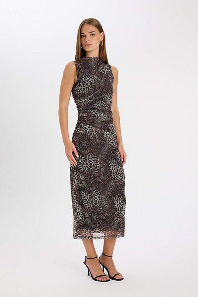 DeFacto Rochie maxi fără mâneci din tul cu model leopard, cu decolteu, bodycon, D5061AX24AU
