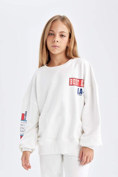 DeFacto Kız Çocuk 2'li Takım Bisiklet Yaka Baskılı Sweatshirt Jogger Eşofman Altı D0726A824AU