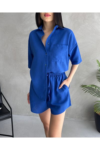 Fav Style Women's Aerobin Linen Short Sleeve Shirt and Shorts Bottom-Top Suit Saks Blue