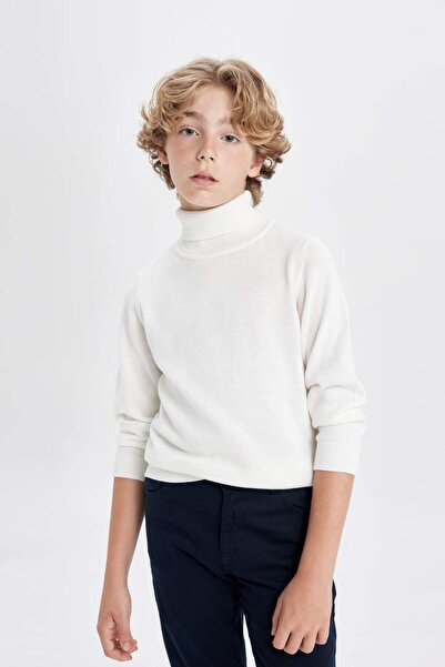 DeFacto Boy's Ecru Turtleneck Basic Plain Knitwear School Sweater R7253A624Au