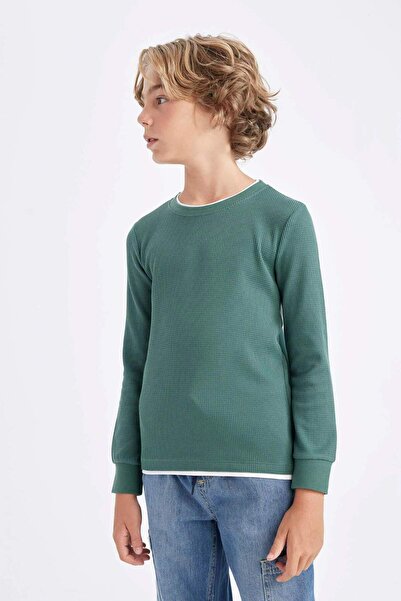 DeFacto Μακρυμάνικο μπλουζάκι για αγόρια με λαιμόκοψη Basic μονόχρωμη βάφλα V1186a624au