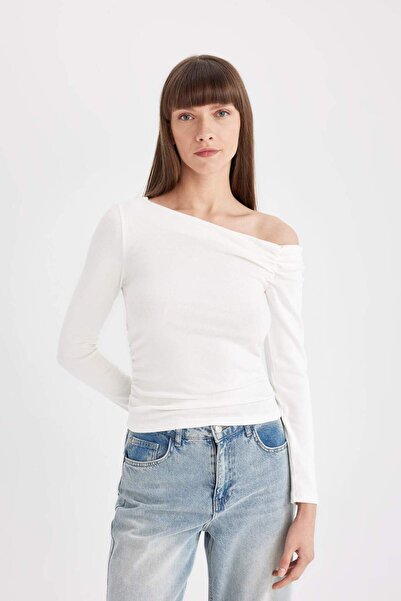 DeFacto Slim Fit Dar Kesim Tek Omuzlu Ribana Basic Düz Uzun Kollu Tişört D4970AX24AU