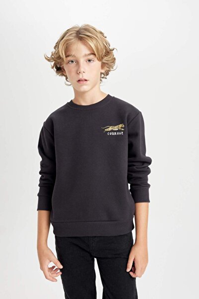 DeFacto Erkek Çocuk Baskılı Bisiklet Yaka Baskılı Siyah Sweatshirt D3091A824AU