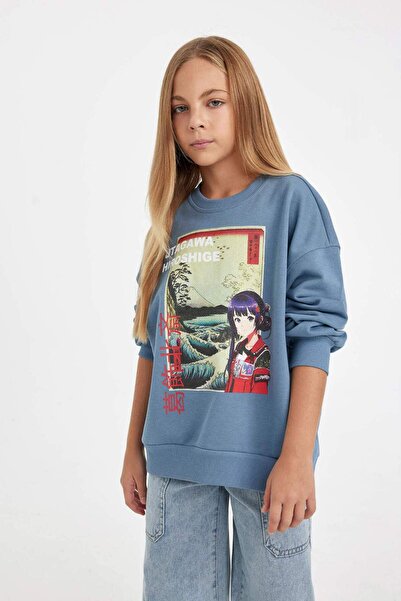 DeFacto Hatsune Miku Girl's Sweatshirt - Relax Fit, Crew Neck, Soft Pile D1120A824Au
