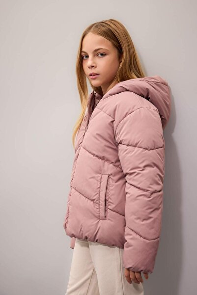 DeFacto Kız Çocuk Su İtici Rüzgar Geçirmez Kapüşonlu Cepli Fermuarlı Şişme Mont C5389A824AU