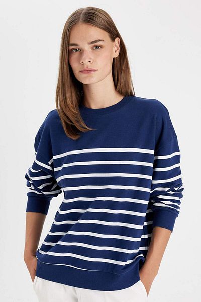 DeFacto Relax Fit Crew λαιμόκοψη ριγέ λεπτό φούτερ A9255AX24WN