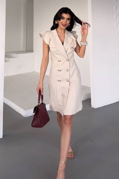 AKD Atelier Women's Dress Short Double Breasted Lapel Flange Sleeve Ruffled Button Detail Jacket Dress