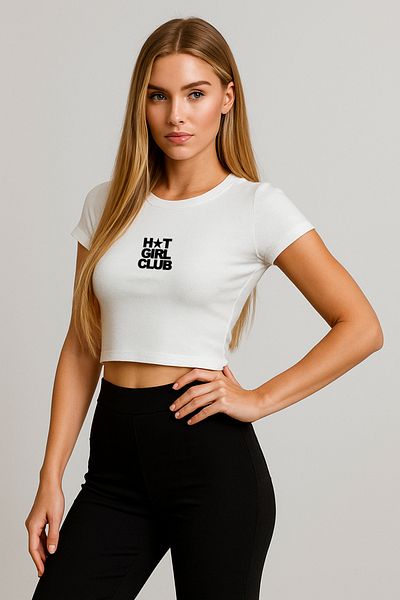 OFFSIDESIGN Women's White Crop Short T-Shirt Hot Girl Club Design Printed Combed Crop Short Waist Summer T-Shirt