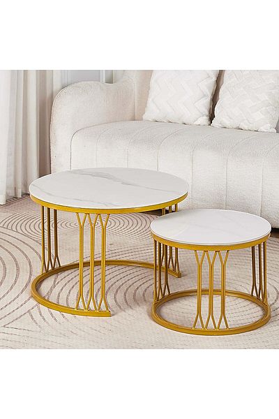 Türkiye Nesting Coffee Table Set of 2, Modern Round Coffee Table, Ceramic Rock Slabs, Metal Frame for Living