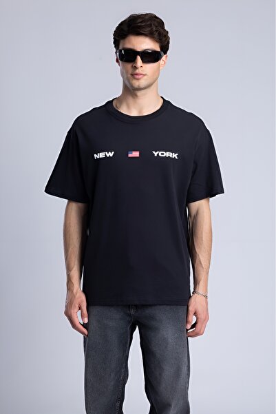 New York Yazılı Siyah Unisex Tişört Fırçalı Kumaş