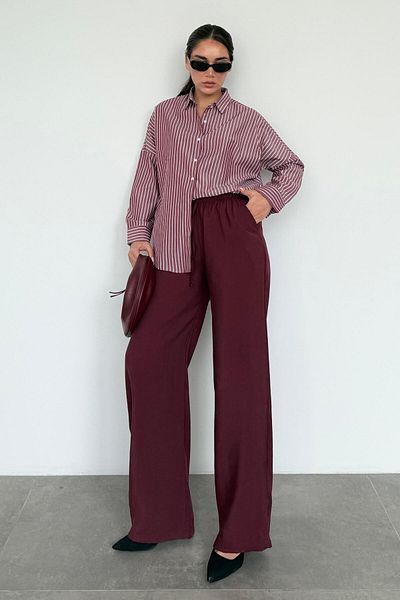 Seeh Burgundy Elastic Waisted Loose Cut Trousers Sh259