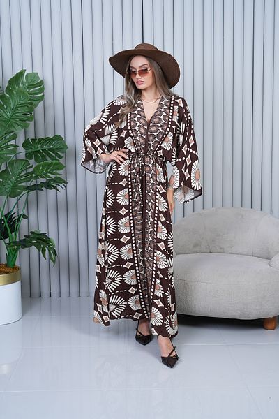 EL jadida Women's Patterned Double Breasted Collar Viscose Plus Size Hijab Dress Brown