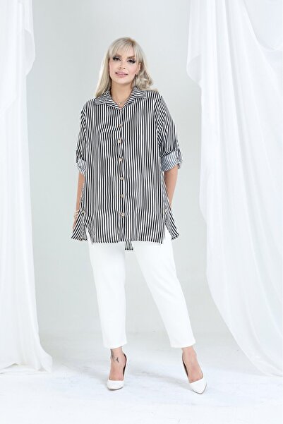 tarzımsüper Women's Plus Size Button Detailed Striped Oversize Shirt