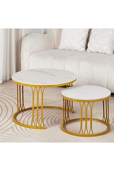Türkiye Nesting Coffee Table Set of 2, Modern Round Coffee Table, Ceramic Rock Slabs, Metal Frame for Living