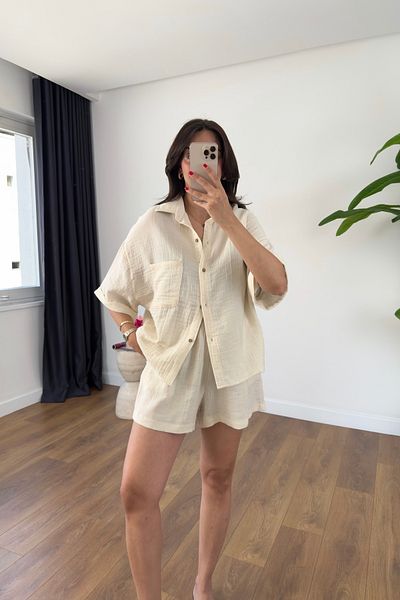 BİRCANÇİL Bomti Stone Pocket Detailed Muslin Shirt Shorts Set