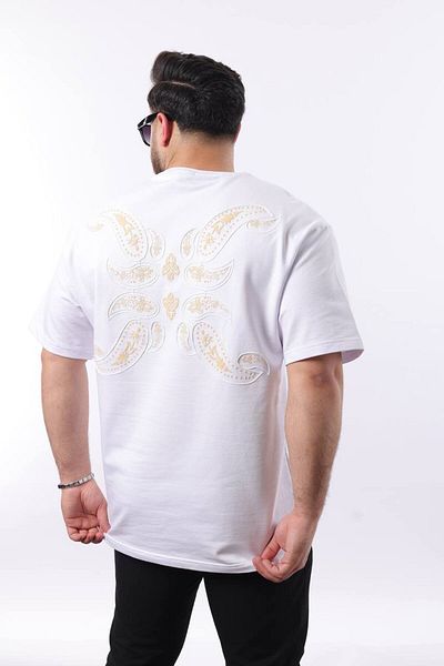 STOCX Men's Oversize Fashion T-Shirt – Written on the Front, Paisley Pattern on the Back