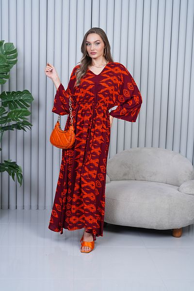 EL jadida Women's Patterned V-Neck Viscose Plus Size Hijab Dress Burgundy 2131
