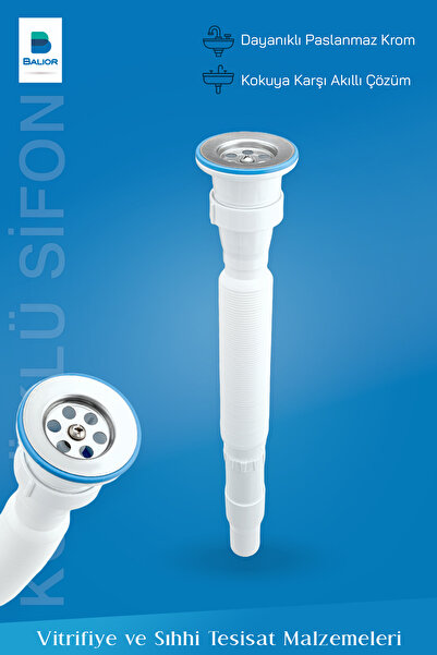 BALİOR Esnek Körüklü Lavabo Sifon – Lavabo Uyumlu, Krom Başlık, Akıllı Koku Önleme