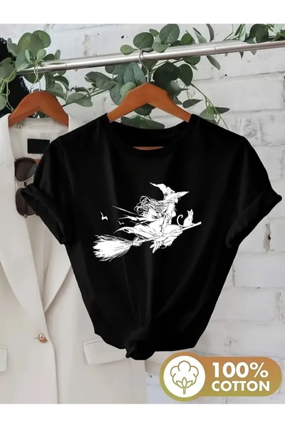 CLASİVA تي شيرت Witch and Broom Product بتصميم عصري مطبوع حسب الطلب للنساء لل...