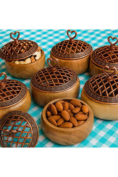 tios home Natural Wooden Serving Bowl with Decorative Copper Lid Snack Bowl Rustic Serving Bowl Round Diameter 9.5cm 6 Pieces