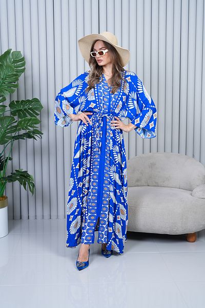 EL jadida Women's Patterned Double Breasted Collar Viscose Plus Size Hijab Dress Saks Blue