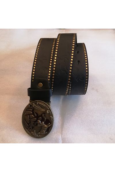 Butik Tülin Unisex Authentic Faux Leather Black Horse Printed Bronze Running Deer Burgundy Enamel Cowboy Buckle Belt
