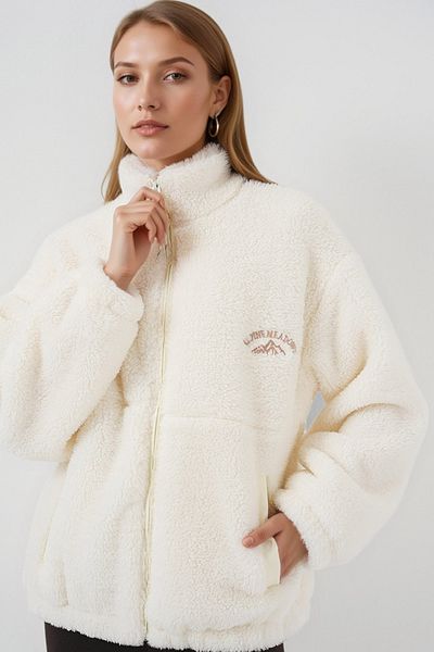 Merterium Women's Oversize Plush Jacket Coat 1041 - Ecru