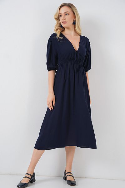 Bigdart 2570 Women's Gathered Waist V-Neck Dress - Navy Blue