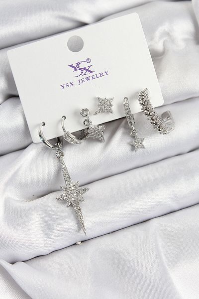 callerrons accessories Brass Zircon Stone Pole Star Model Silver Color 3-Piece Double Women's Earrings - Ebj250726W36723