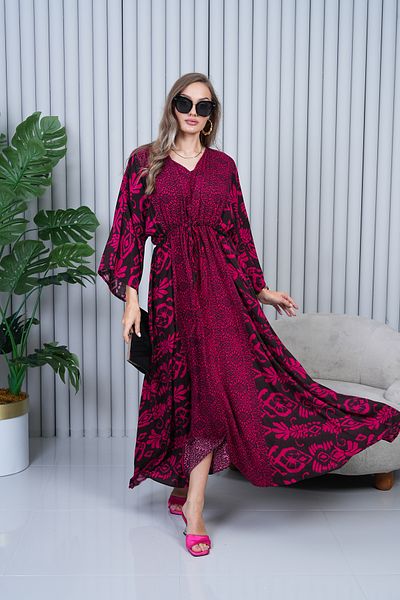 EL jadida Women's Patterned V-Neck Viscose Plus Size Hijab Dress Fuchsia 2130