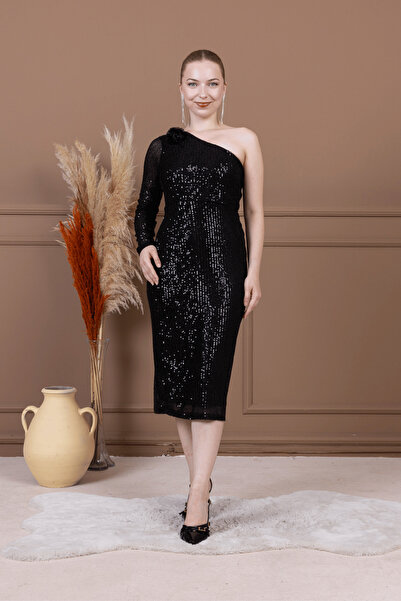 BEYBOS Pul Payet Kumaş Tek Kol Kalem Elbise - SİYAH