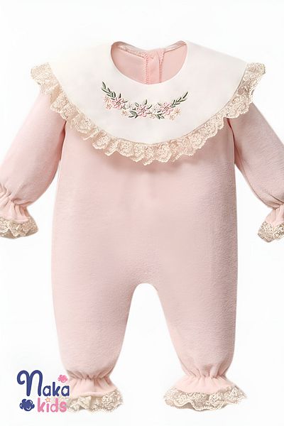 Naka Concept Pink 100% Cotton Lace Embroidered 5 Piece Baby Girl Hospital Release Set Velvet